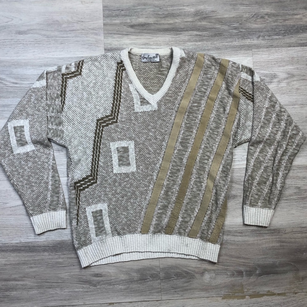 Vintage Gray & Cream Geometric 3D  Knit Sweater